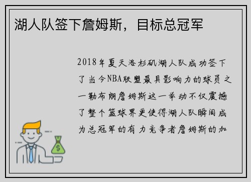 湖人队签下詹姆斯，目标总冠军